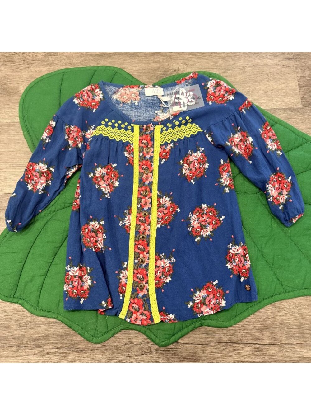 435 Matilda Jane Blocking Day Top Girls 10 Blue Floral 3/4 Sleeve Top Blouse